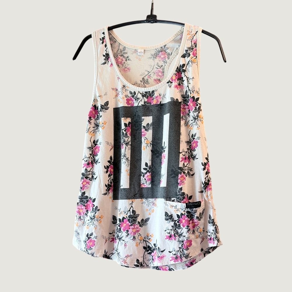Paramore Floral Graphic Racerback Tank Top Pink White M
